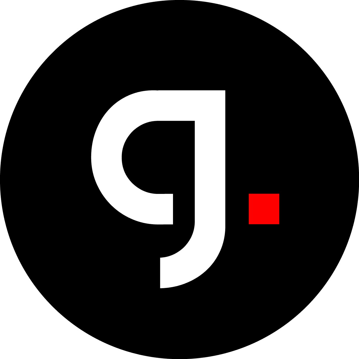 The Gravixar avatar mark: a black disc carrying a white lowercase g drawn from a single stroke, with a small solid red square set at the baseline to the right of it.