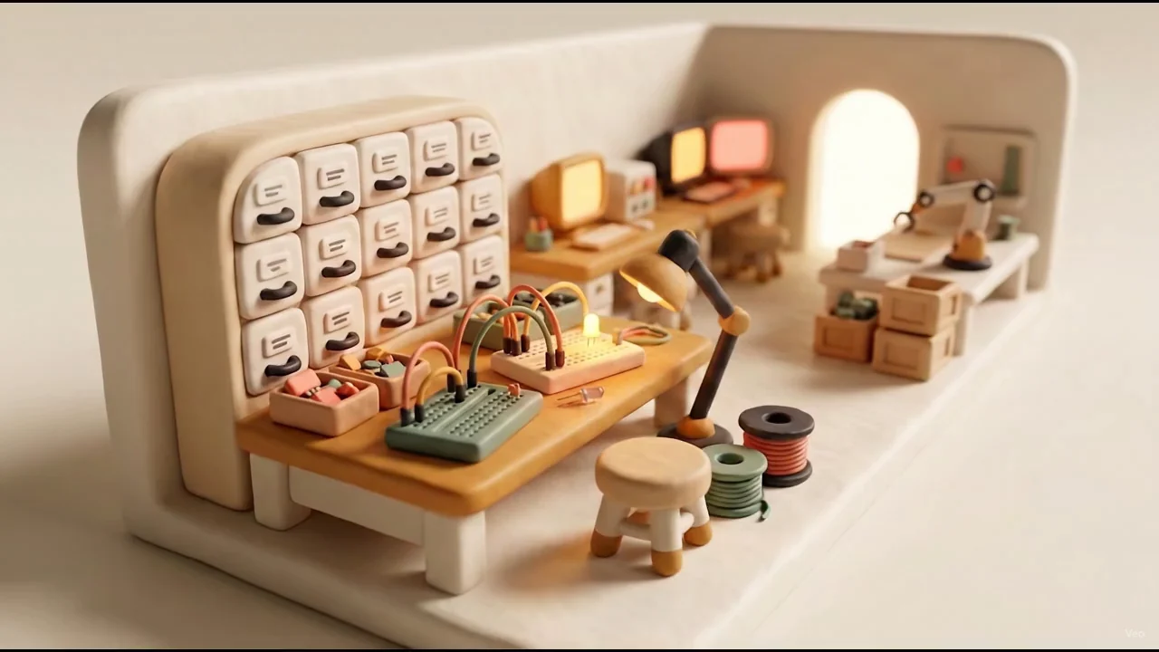 A miniature clay-styled electronics workbench: two breadboards strung with jumper wires, a tray of loose components, a wall of labeled drawers behind it, an angled desk lamp, spools of wire and a stool, with a robot arm and stacked crates further back in the room.