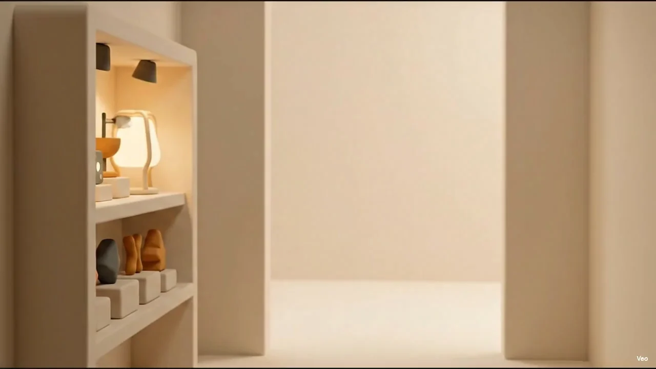 The camera past the display shelving and into a corridor, a lamp glowing on the top shelf and finished pieces below it, the wall opening into a bright empty room ahead.