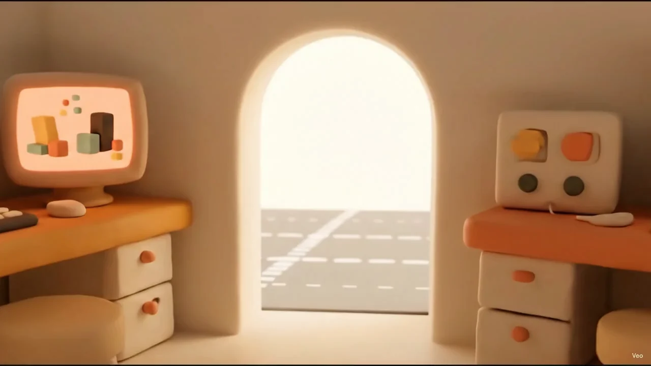 The arched doorway head-on, opening onto a grey road with painted lane markings. A monitor on the left shows a bar chart in coral and green, a control panel with four dials sits on the desk to the right.