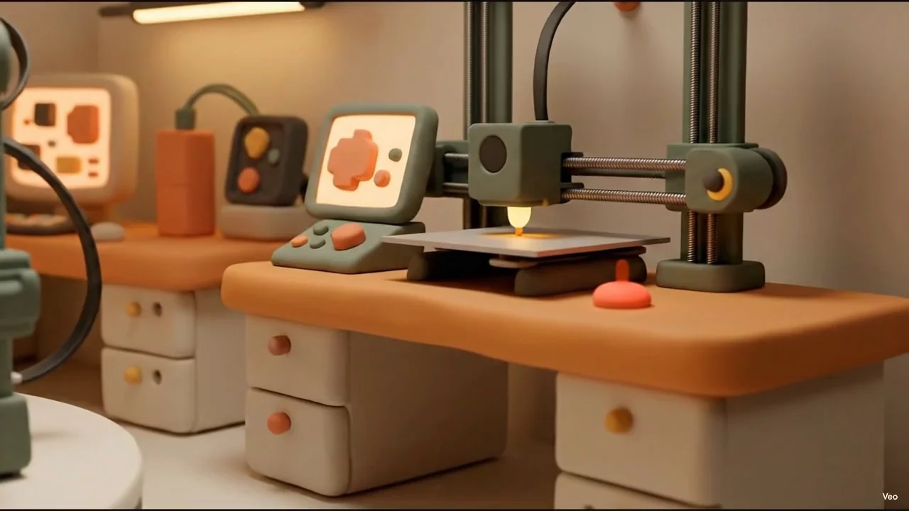 A small 3D printer part way through a print on an orange bench, nozzle lit, a coral blob already on the plate. A handheld controller and a monitor showing the part in progress sit beside it.