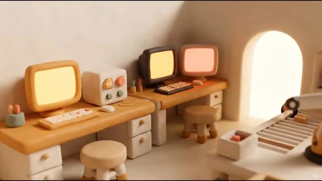 Two shared workstations along a wall of the same clay studio, three glowing monitors and a keyboard between them, stools tucked under the desks, and an arched doorway of white daylight on the right.