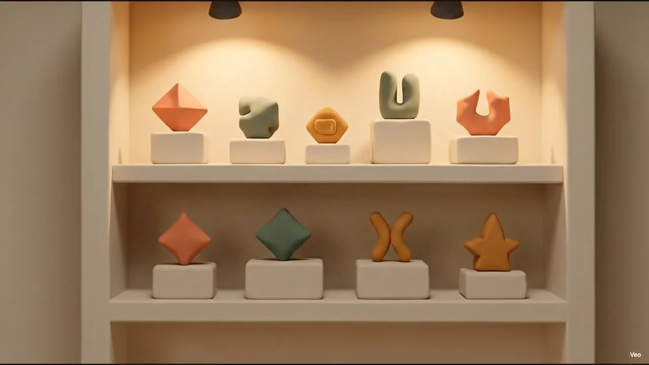 A lit alcove of display shelving, two rows of small finished pieces on white plinths under downlights, coral and sage and mustard forms arranged like a museum case.